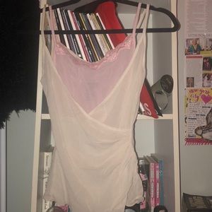 Baby pink/white sheer layered tank w/ lace detail.